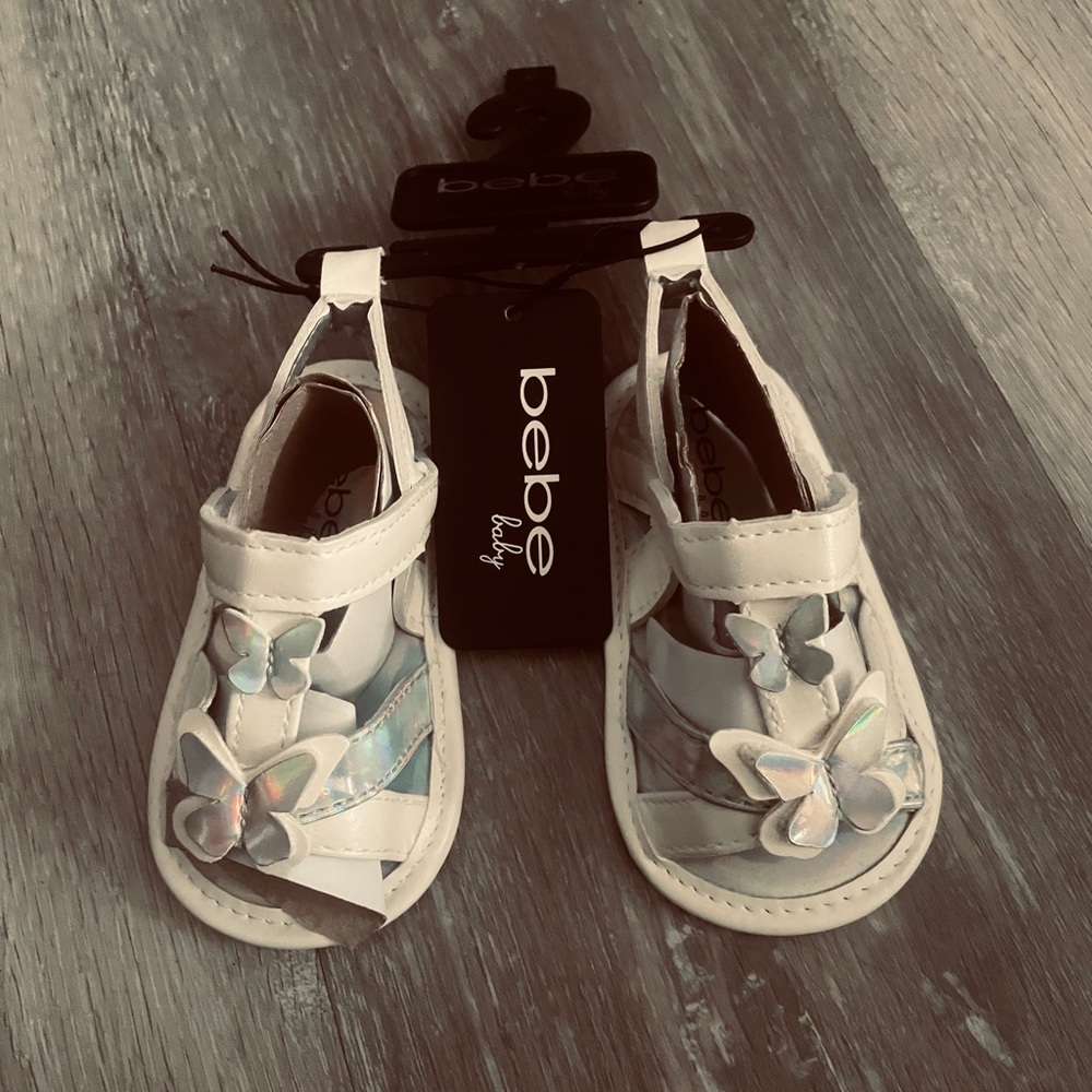 bebe White Toddler Sandals with Iridescent Butterfly Accents